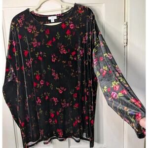 J Jill Black Red Floral Velour Top 3X Velvet Women's Valentines Soft Tunic(857)